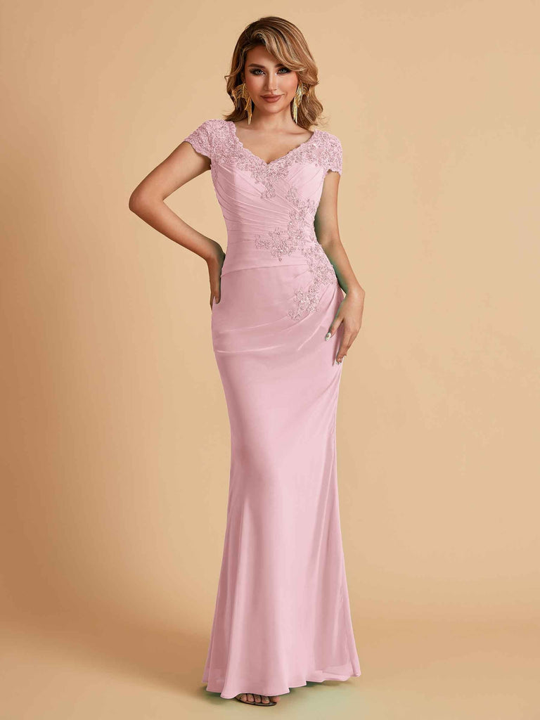 Elegant Mermaid Chiffon Cap Sleeves V-Neck Lace Mother of the Brides Dresses Online UK