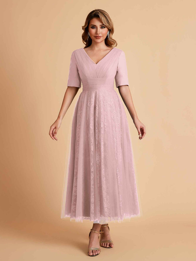 Elegant A-line Short Sleeves Tulle Lace V-neck Maxi Mother of the Brides Dresses Online UK