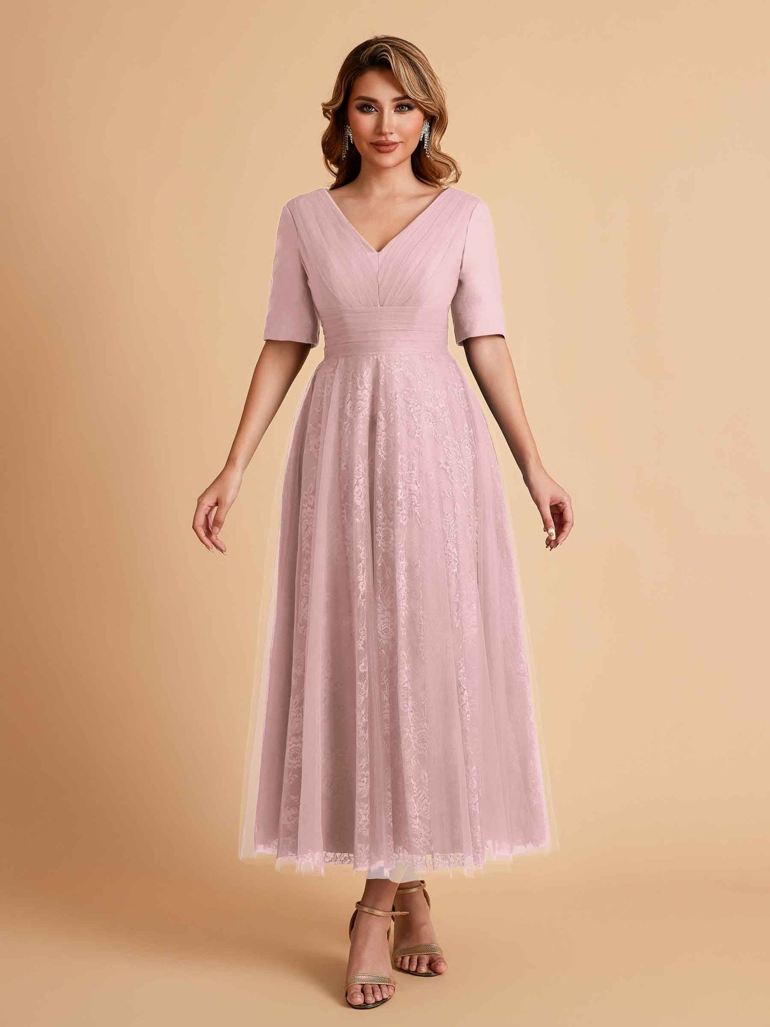Elegant A-line Short Sleeves Tulle Lace V-neck Maxi Mother of the Brides Dresses Online UK