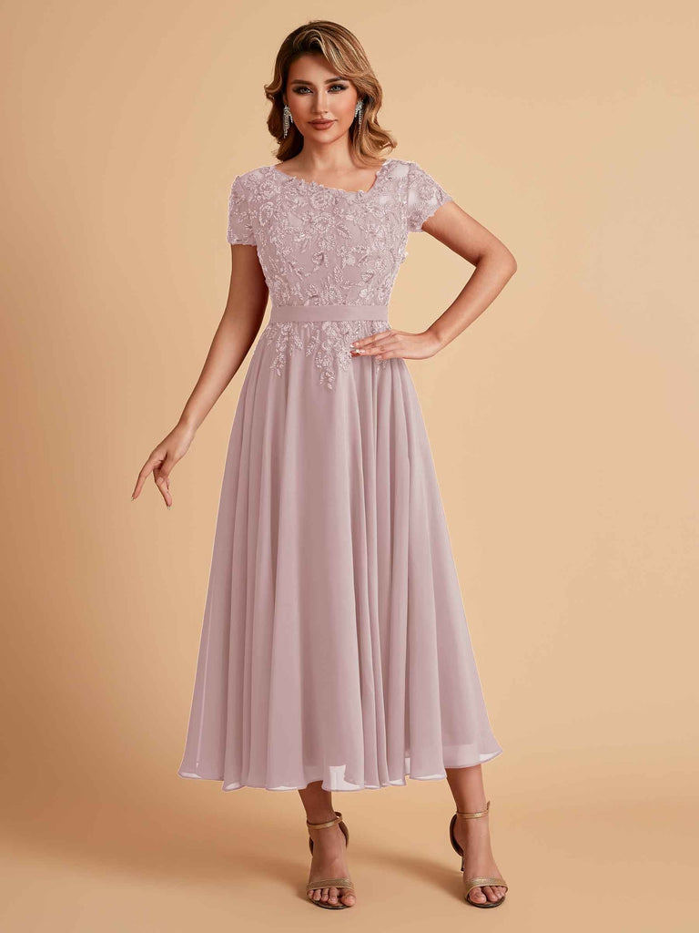 Elegant Chiffon Short Sleeves Short Midi Mother of the Brides Dresses UK Online