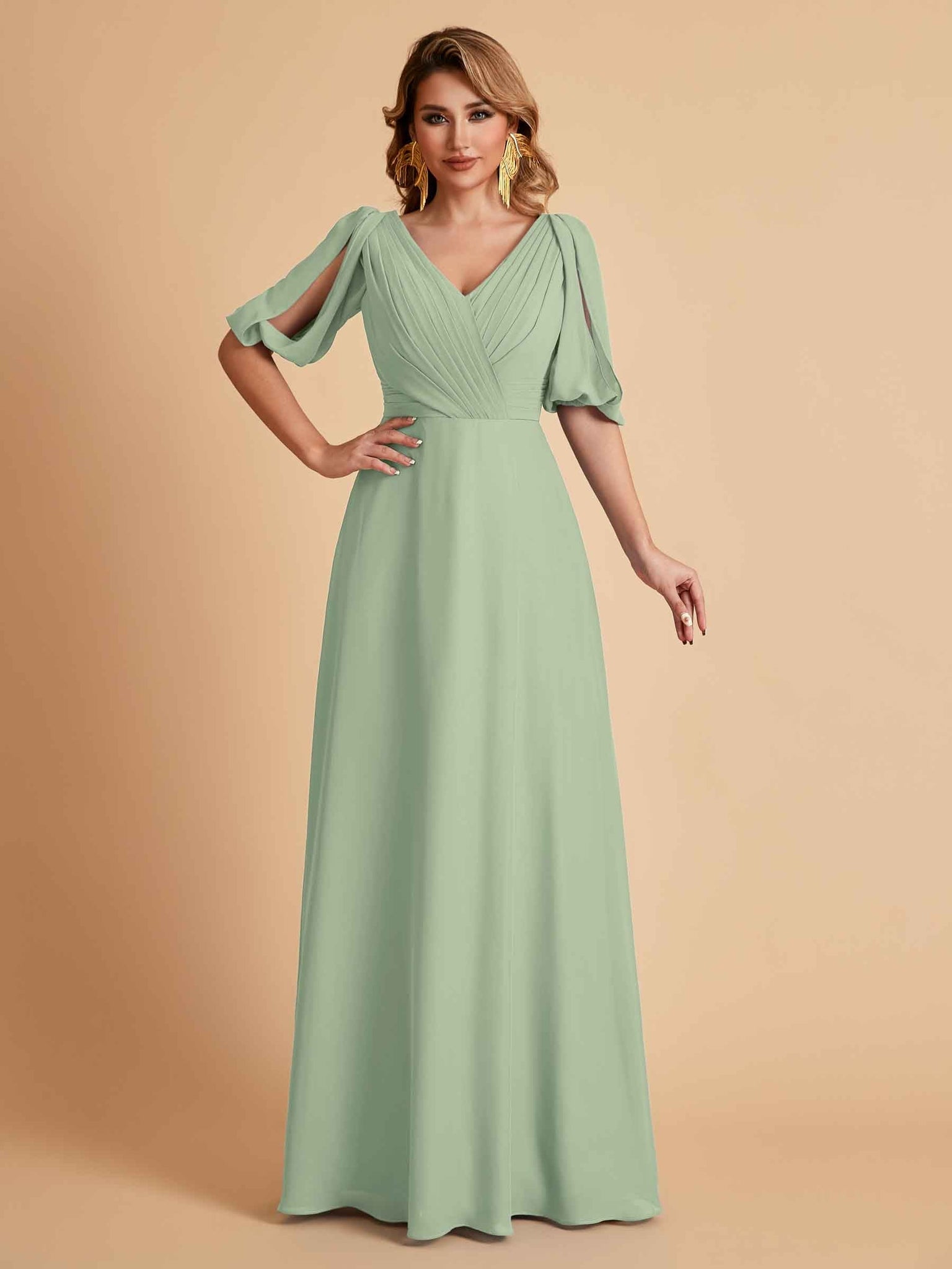 Elegant Chiffon Half Sleeves V-Neck Mother of the Brides Dresses UK Online