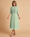 Elegant A-line Bateau Sleeveless Tea Length Short Mother of the Brides Dresses and Jacket