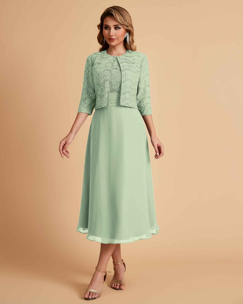 Elegant A-line Bateau Sleeveless Tea Length Short Mother of the Brides Dresses and Jacket