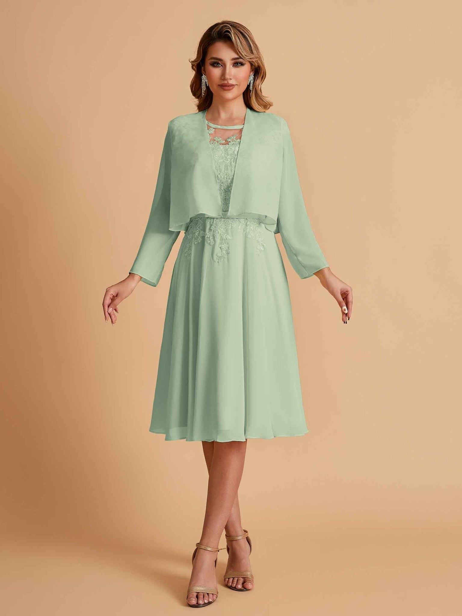 Elegant A-line Chiffon Jewel Lace Short Mother of the Brides Dresses Uk and Jacket