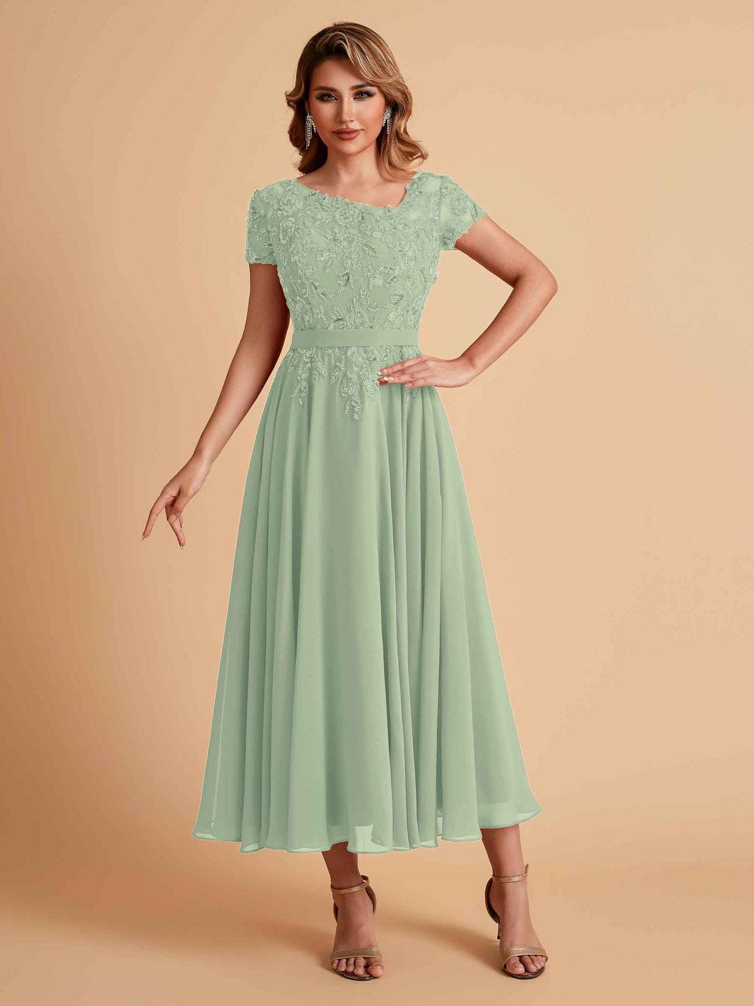 Elegant Chiffon Short Sleeves Short Midi Mother of the Brides Dresses UK Online