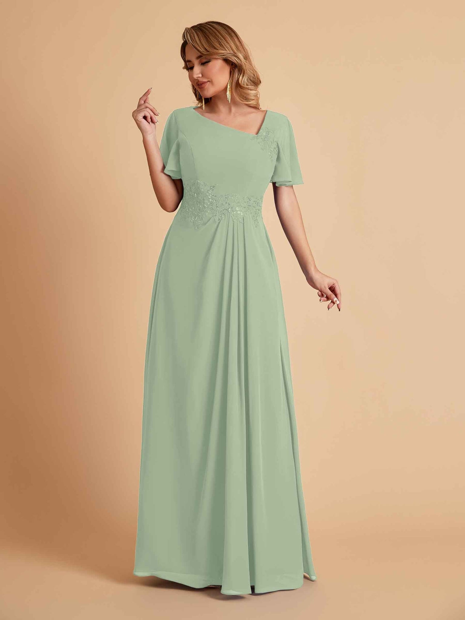 Elegant A-Line Chiffon Short Sleeves V-Neck Mother of the Brides Dresses Online