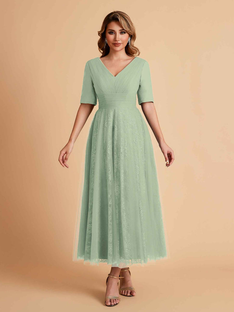 Elegant A-line Short Sleeves Tulle Lace V-neck Maxi Mother of the Brides Dresses Online UK