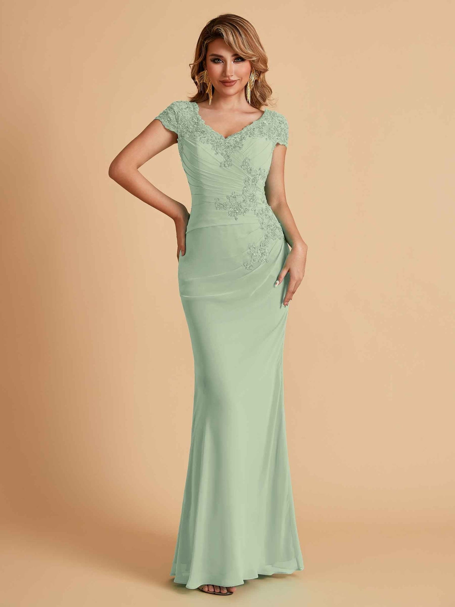 Elegant Mermaid Chiffon Cap Sleeves V-Neck Lace Mother of the Brides Dresses Online UK