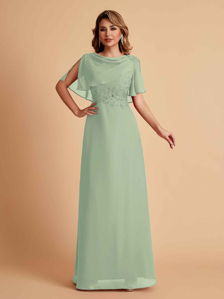 Elegant A-Line Chiffon Half Sleeves Cowl Neck Mother of the Brides Dresses Online UK