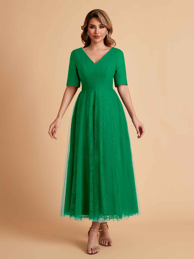 Elegant A-line Short Sleeves Tulle Lace V-neck Maxi Mother of the Brides Dresses Online UK