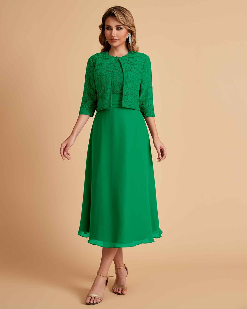 Elegant A-line Bateau Sleeveless Tea Length Short Mother of the Brides Dresses and Jacket