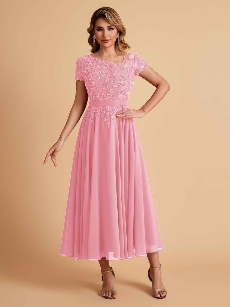 Elegant Chiffon Short Sleeves Short Midi Mother of the Brides Dresses UK Online