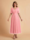 Elegant A-line Short Sleeves Tulle Lace V-neck Maxi Mother of the Brides Dresses Online UK