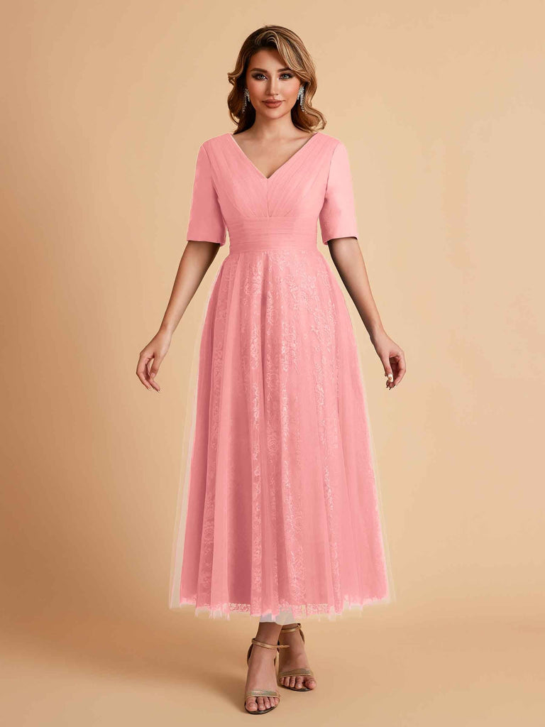 Elegant A-line Short Sleeves Tulle Lace V-neck Maxi Mother of the Brides Dresses Online UK