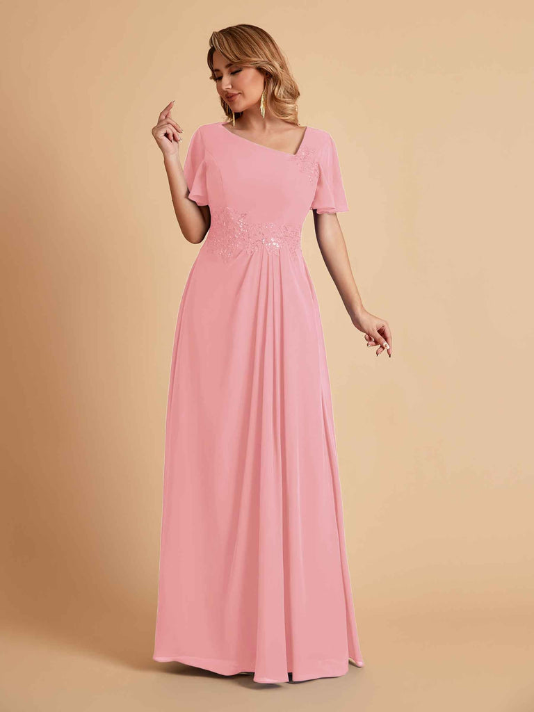 Elegant A-Line Chiffon Short Sleeves V-Neck Mother of the Brides Dresses Online
