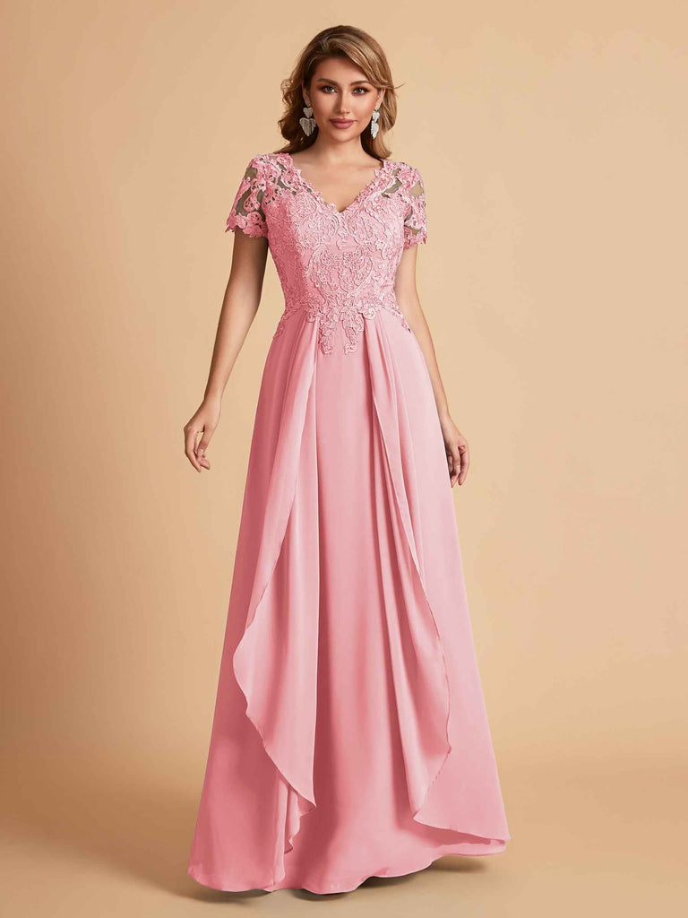 Chiffon Short Sleeves V-neck Lace Mother of the Brides Dresses UK
