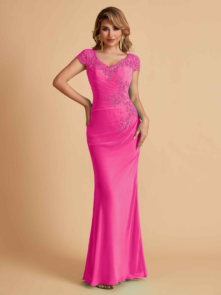 Elegant Mermaid Chiffon Cap Sleeves V-Neck Lace Mother of the Brides Dresses Online UK