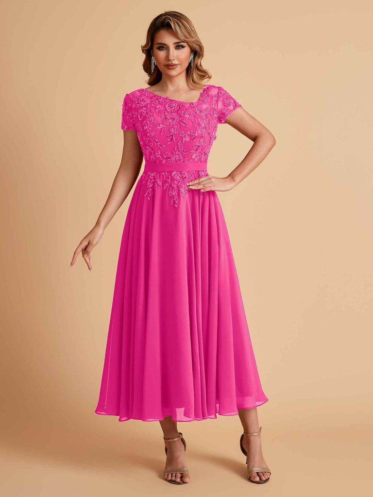 Elegant Chiffon Short Sleeves Short Midi Mother of the Brides Dresses UK Online