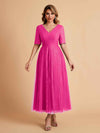 Elegant A-line Short Sleeves Tulle Lace V-neck Maxi Mother of the Brides Dresses Online UK