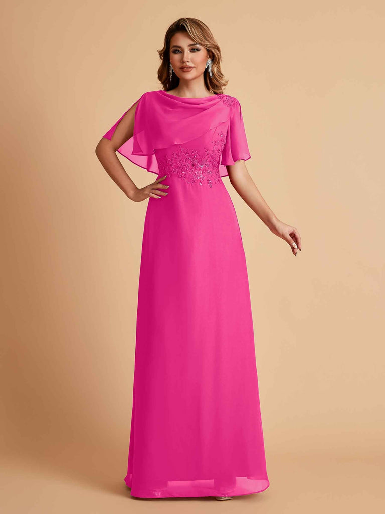 Elegant A-Line Chiffon Half Sleeves Cowl Neck Mother of the Brides Dresses Online UK