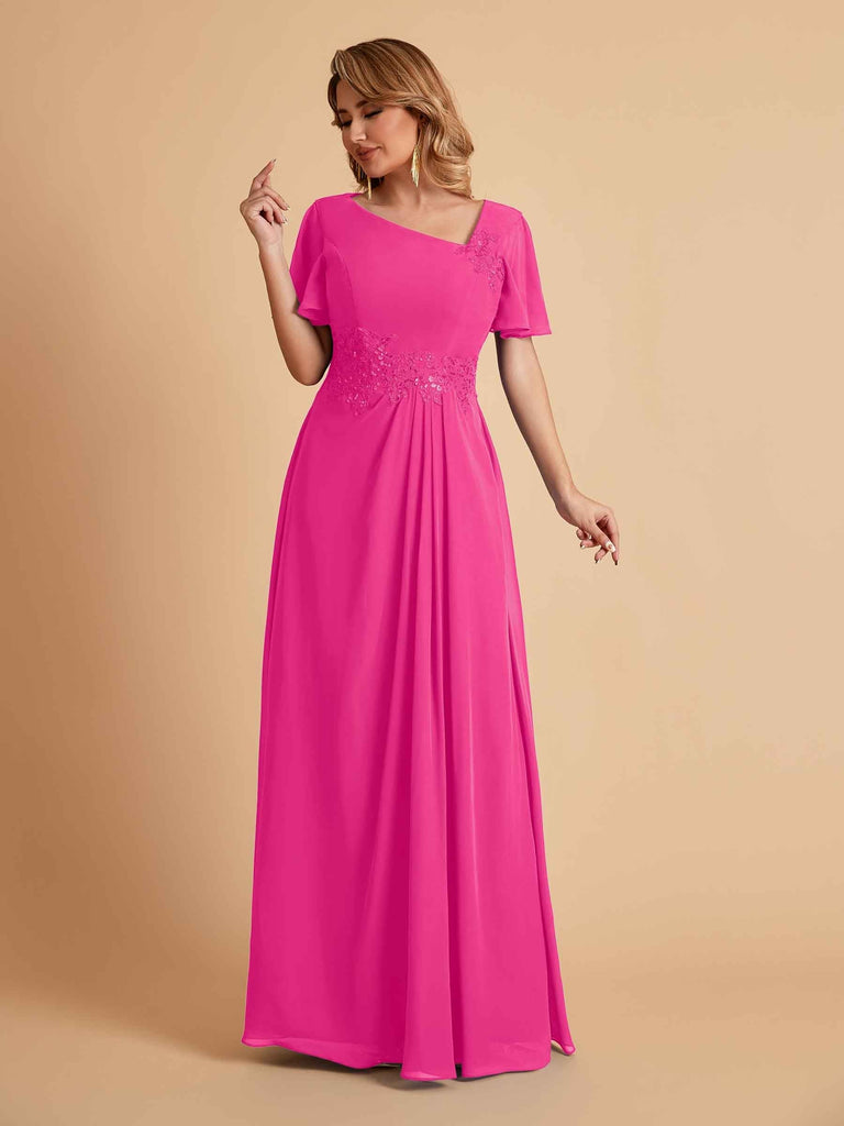 Elegant A-Line Chiffon Short Sleeves V-Neck Mother of the Brides Dresses Online
