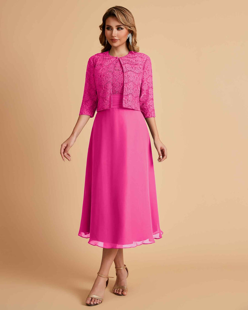 Elegant A-line Bateau Sleeveless Tea Length Short Mother of the Brides Dresses and Jacket