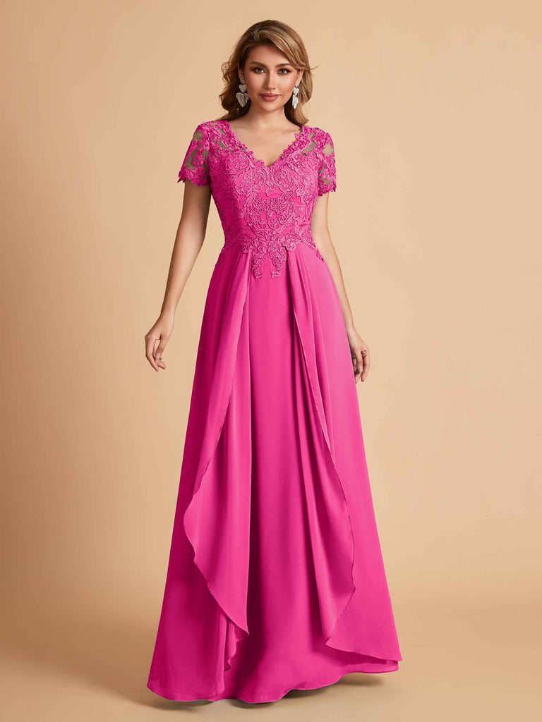 Chiffon Short Sleeves V-neck Lace Mother of the Brides Dresses UK