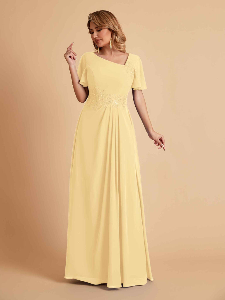 Elegant A-Line Chiffon Short Sleeves V-Neck Mother of the Brides Dresses Online