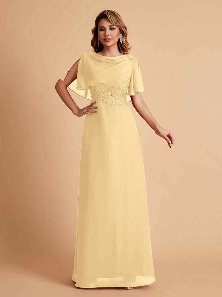 Elegant A-Line Chiffon Half Sleeves Cowl Neck Mother of the Brides Dresses Online UK