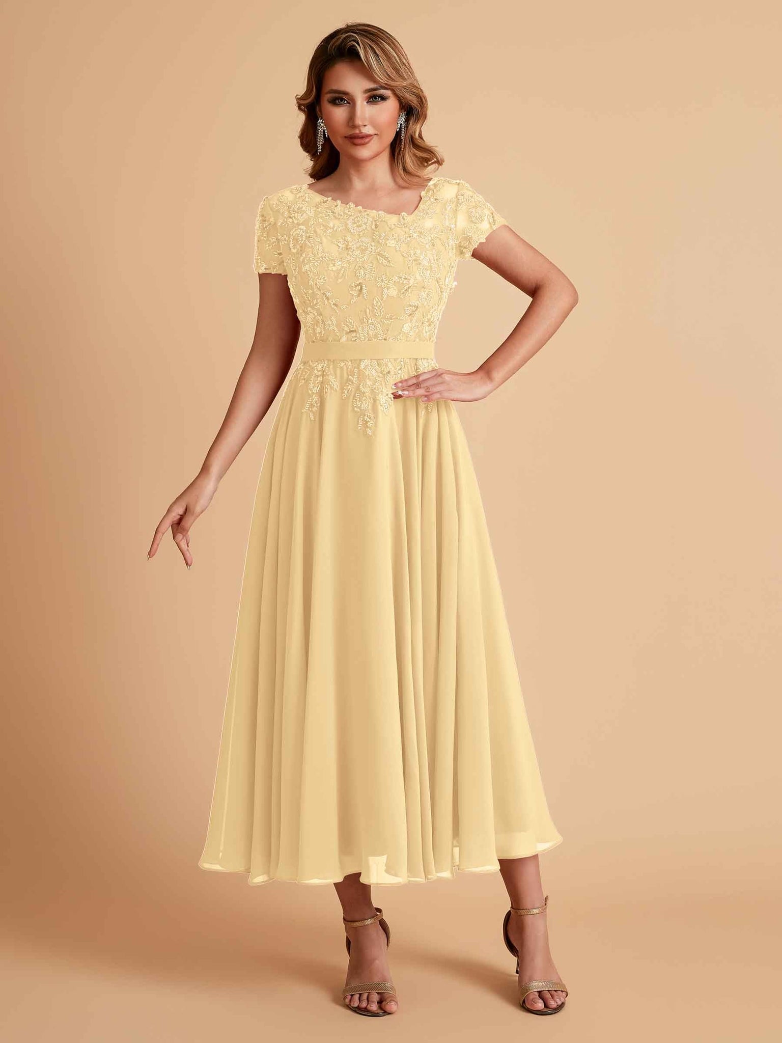 Elegant Chiffon Short Sleeves Short Midi Mother of the Brides Dresses UK Online