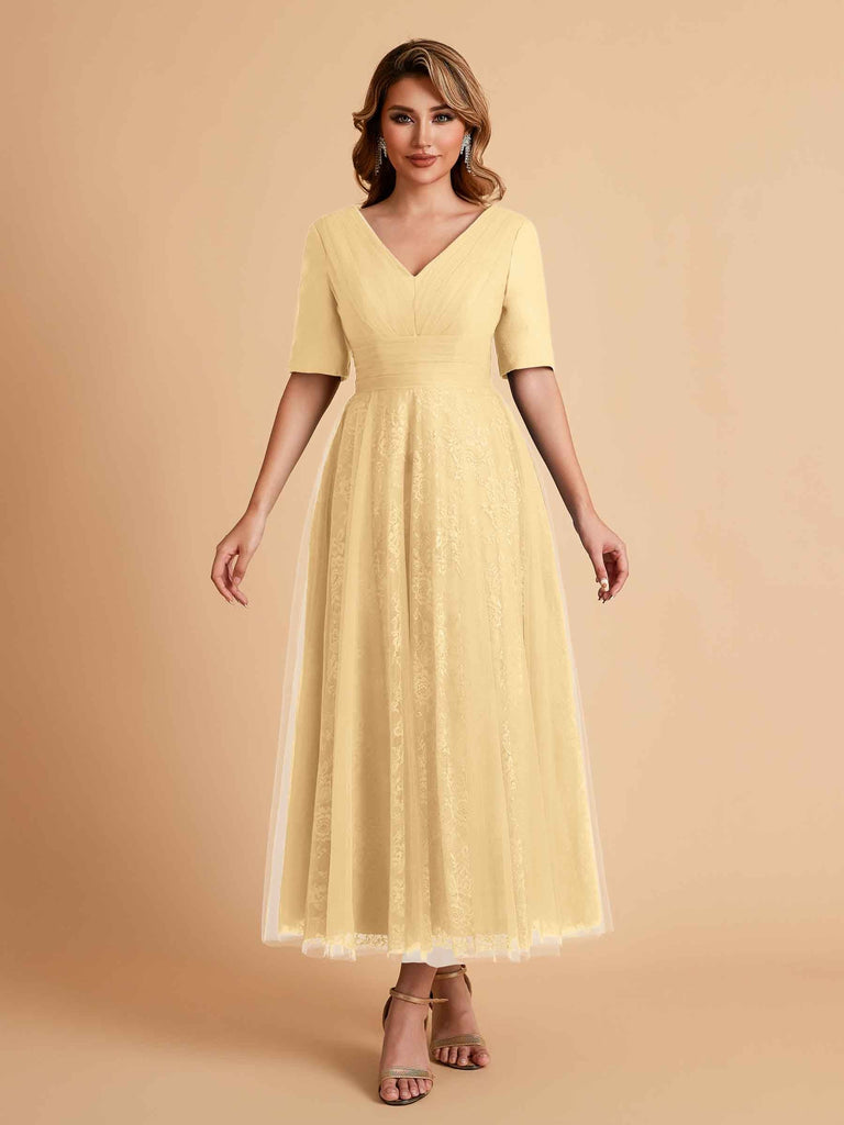 Elegant A-line Short Sleeves Tulle Lace V-neck Maxi Mother of the Brides Dresses Online UK