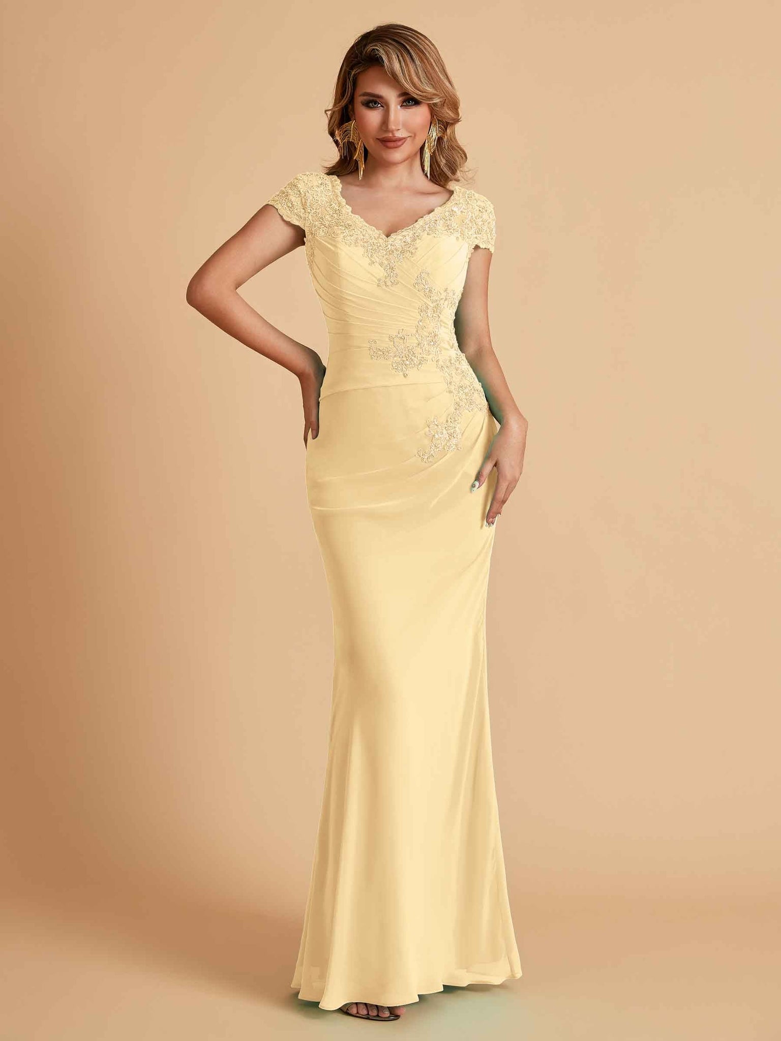Elegant Mermaid Chiffon Cap Sleeves V-Neck Lace Mother of the Brides Dresses Online UK