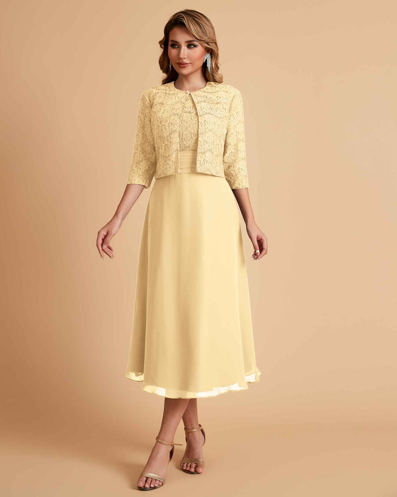 Elegant A-line Bateau Sleeveless Tea Length Short Mother of the Brides Dresses and Jacket