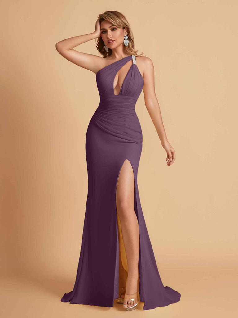 Sexy Mermaid One Shoulder Key Hole Long Bridesmaid Dresses Uk Slit