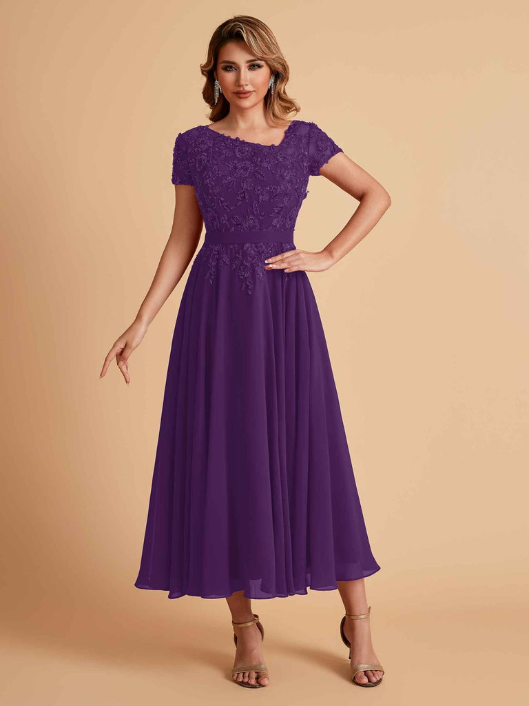 Elegant Chiffon Short Sleeves Short Midi Mother of the Brides Dresses UK Online