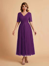 Elegant A-line Short Sleeves Tulle Lace V-neck Maxi Mother of the Brides Dresses Online UK