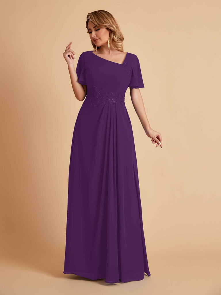 Elegant A-Line Chiffon Short Sleeves V-Neck Mother of the Brides Dresses Online