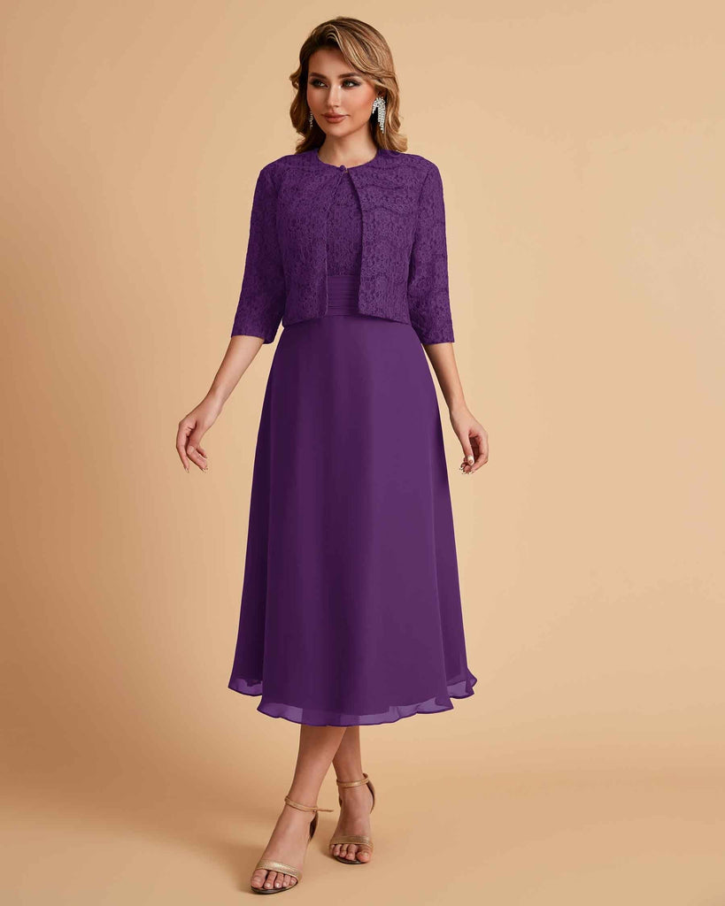 Elegant A-line Bateau Sleeveless Tea Length Short Mother of the Brides Dresses and Jacket