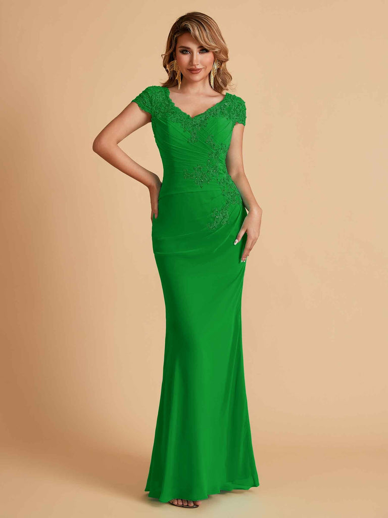 Elegant Mermaid Chiffon Cap Sleeves V-Neck Lace Mother of the Brides Dresses Online UK