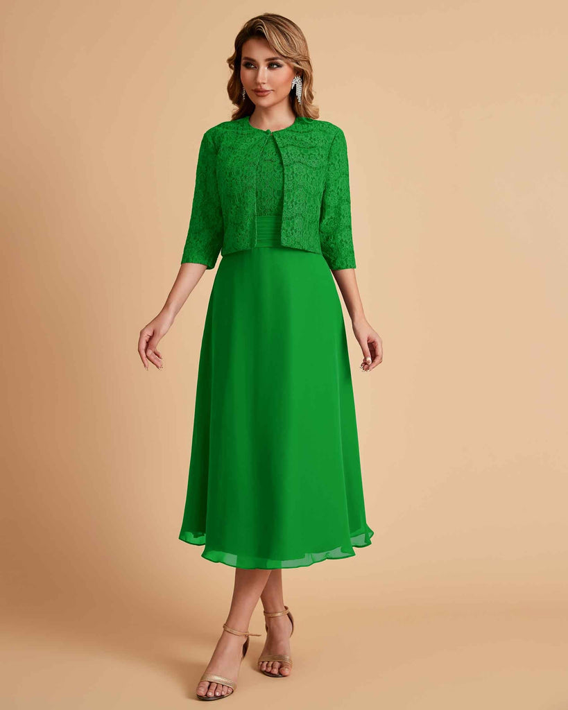 Elegant A-line Bateau Sleeveless Tea Length Short Mother of the Brides Dresses and Jacket