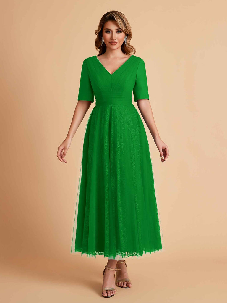 Elegant A-line Short Sleeves Tulle Lace V-neck Maxi Mother of the Brides Dresses Online UK