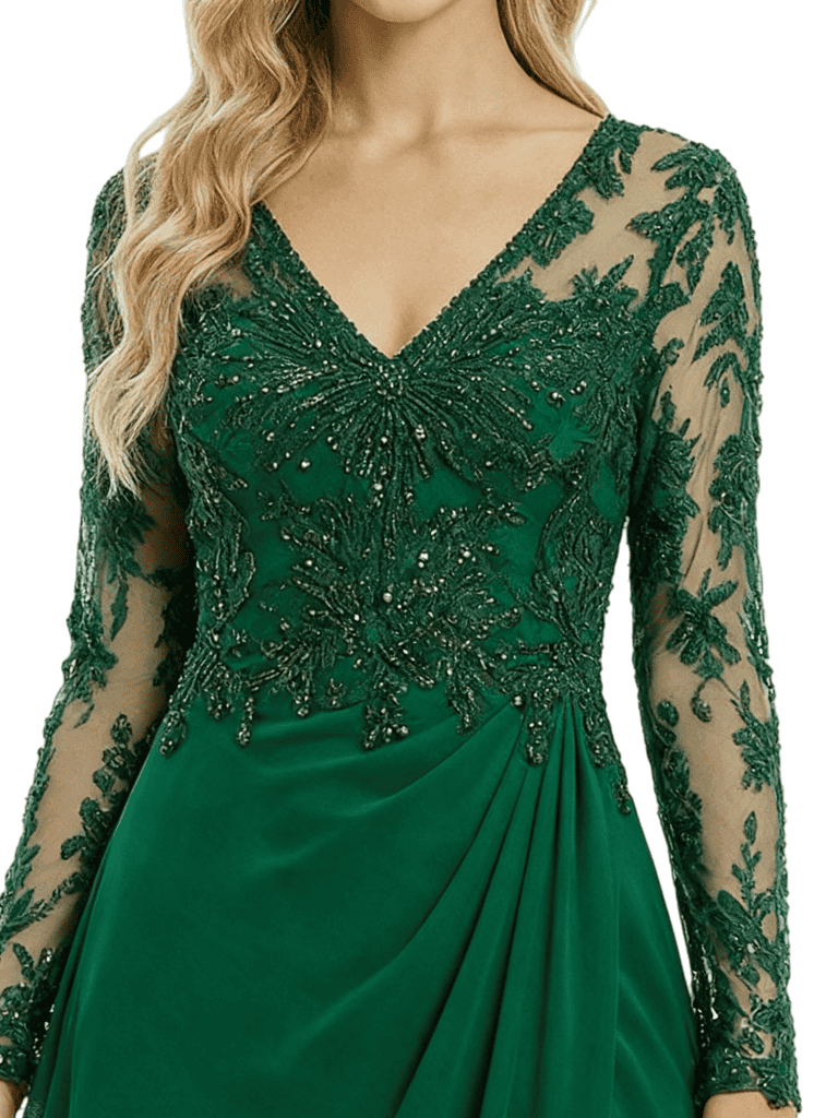 Modern Long Sleeves Lace Beaded V-Neck A-Line Mother Of The Bride Dresses