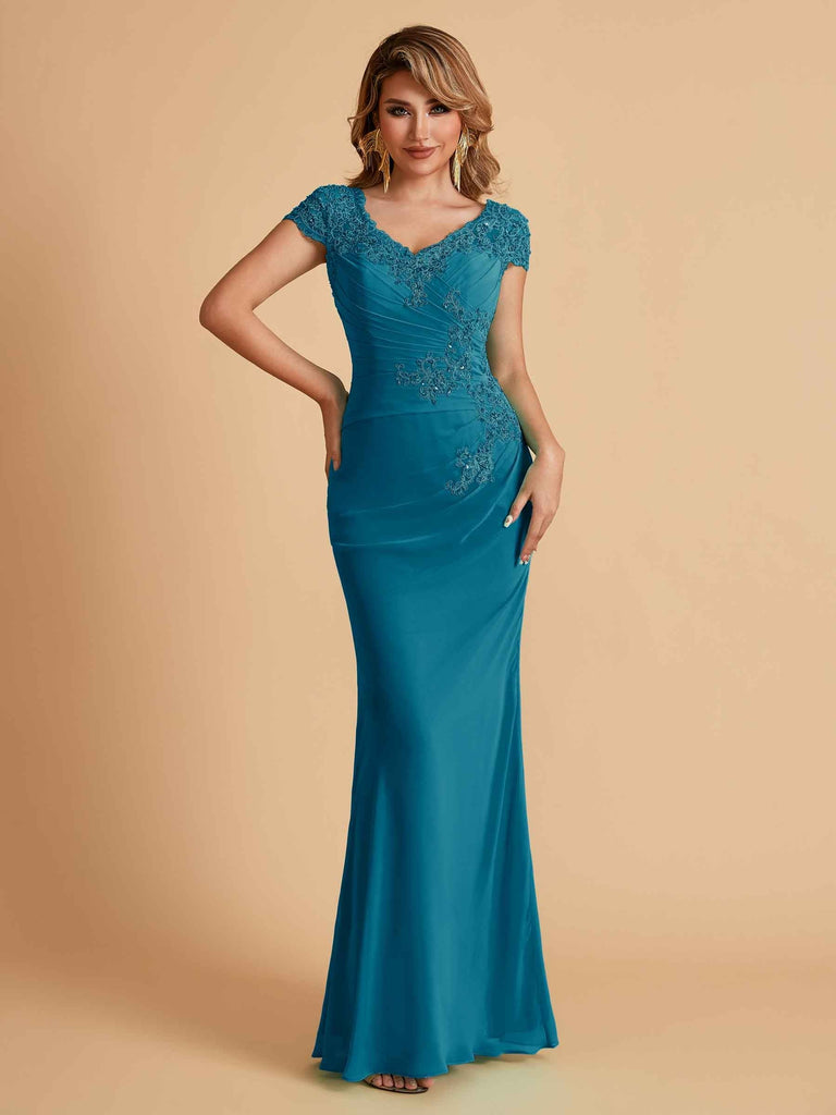 Elegant Mermaid Chiffon Cap Sleeves V-Neck Lace Mother of the Brides Dresses Online UK