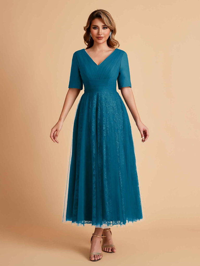 Elegant A-line Short Sleeves Tulle Lace V-neck Maxi Mother of the Brides Dresses Online UK