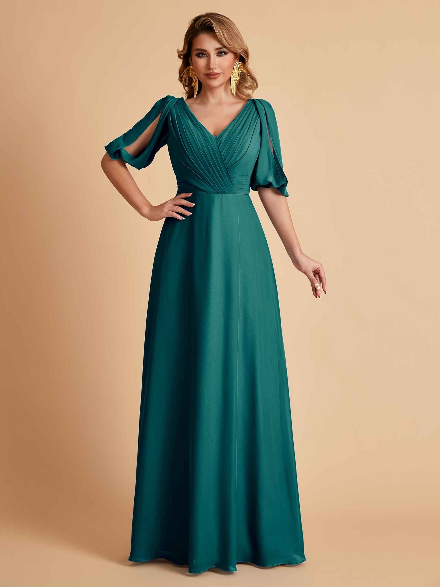 Elegant Chiffon Half Sleeves V-Neck Mother of the Brides Dresses UK Online
