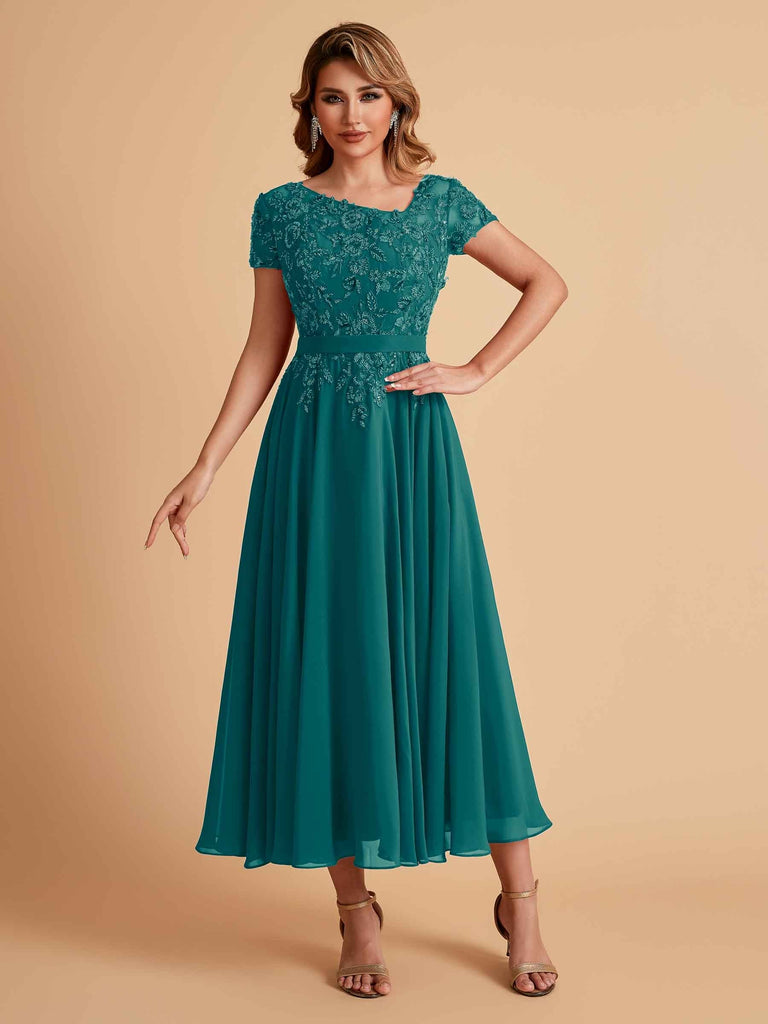 Elegant Chiffon Short Sleeves Short Midi Mother of the Brides Dresses UK Online