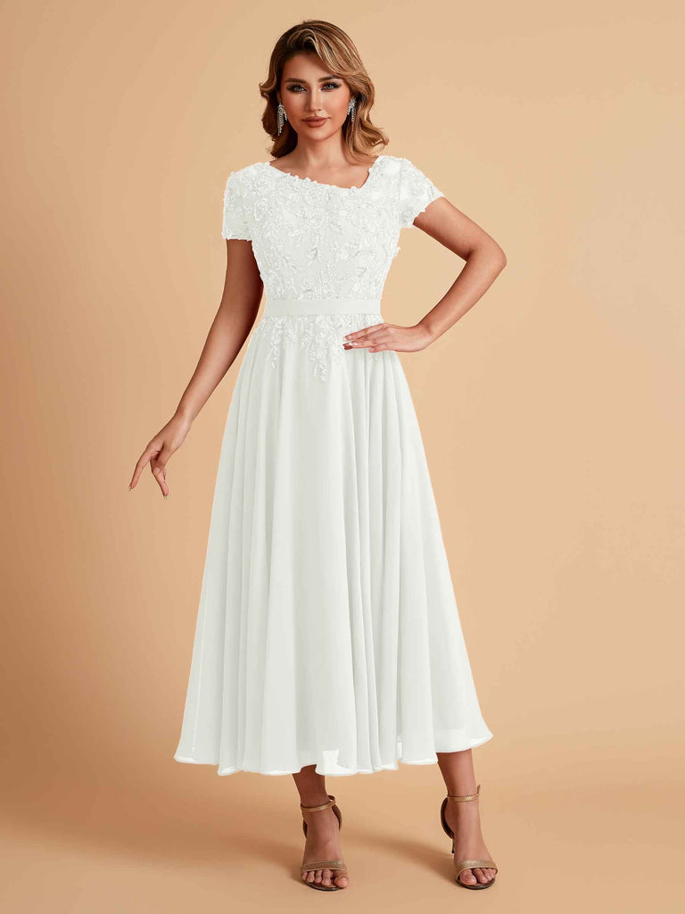 Elegant Chiffon Short Sleeves Short Midi Mother of the Brides Dresses UK Online