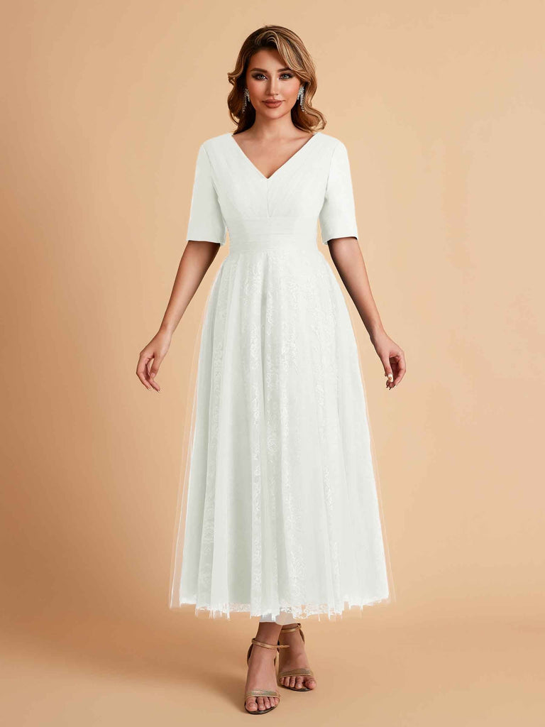 Elegant A-line Short Sleeves Tulle Lace V-neck Maxi Mother of the Brides Dresses Online UK