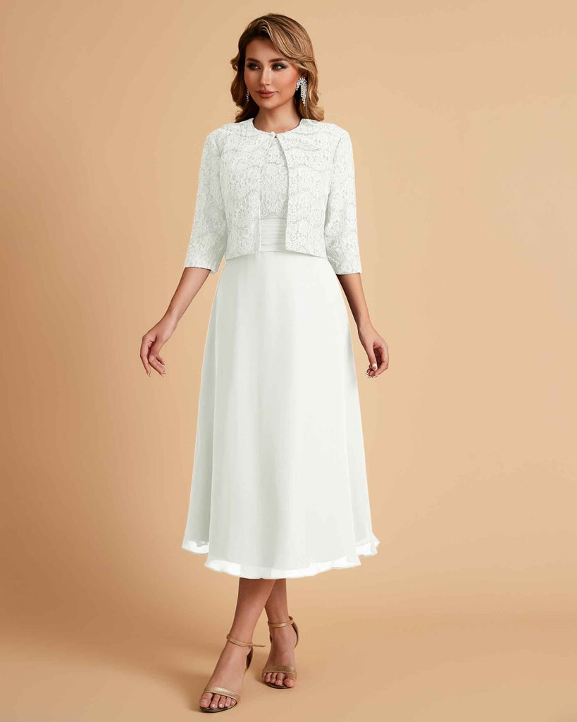 Elegant A-line Bateau Sleeveless Tea Length Short Mother of the Brides Dresses and Jacket
