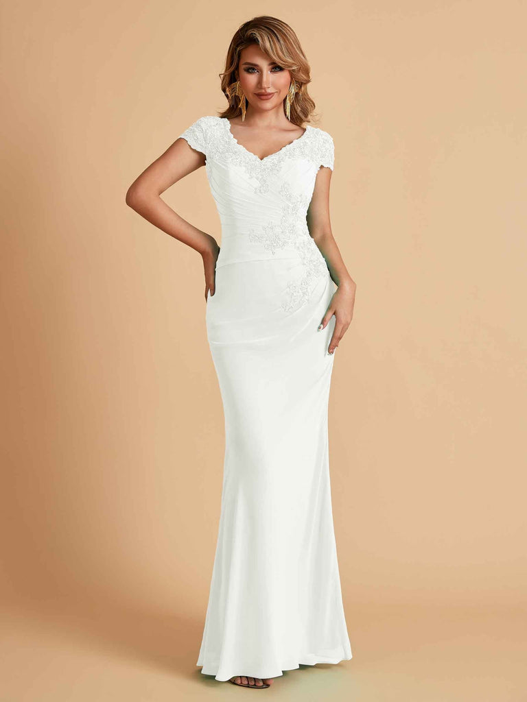 Elegant Mermaid Chiffon Cap Sleeves V-Neck Lace Mother of the Brides Dresses Online UK